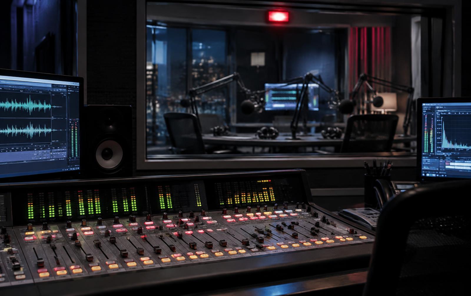 Broadcast studio equipment and production workspace