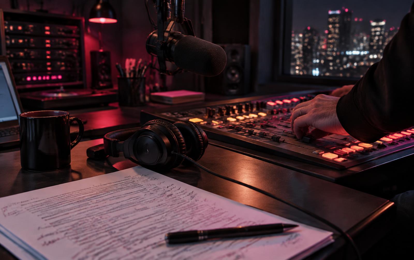 Broadcast studio equipment and production workspace